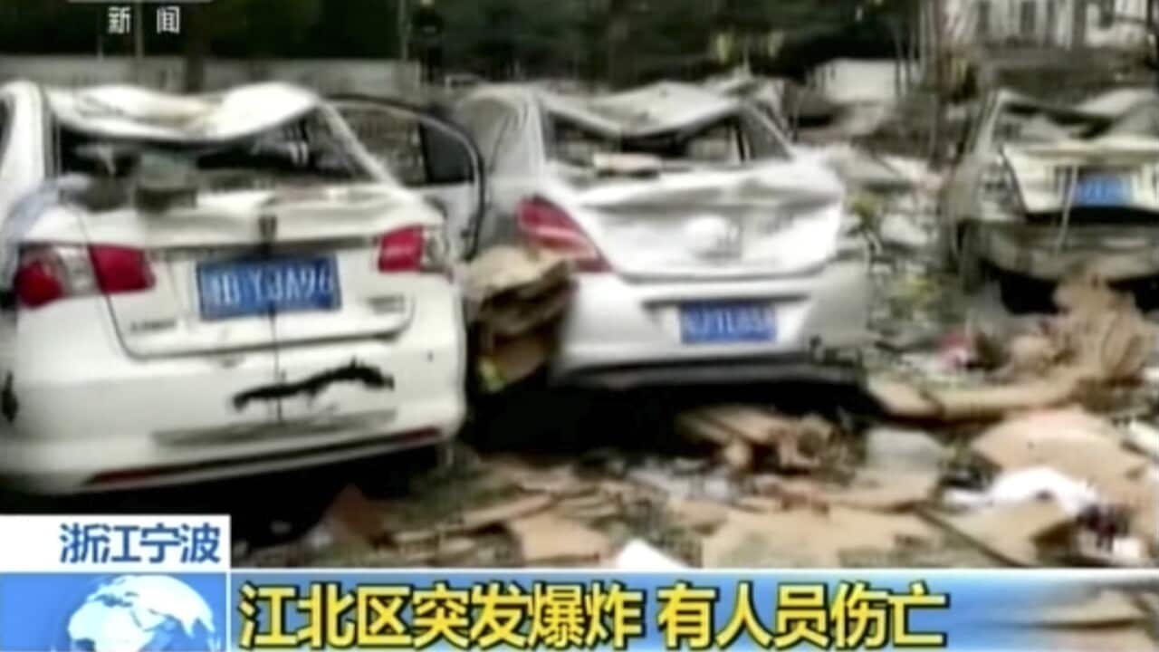 Debris and damaged vehicles seen after an explosion in Ningbo in east China's Zhejiang province.