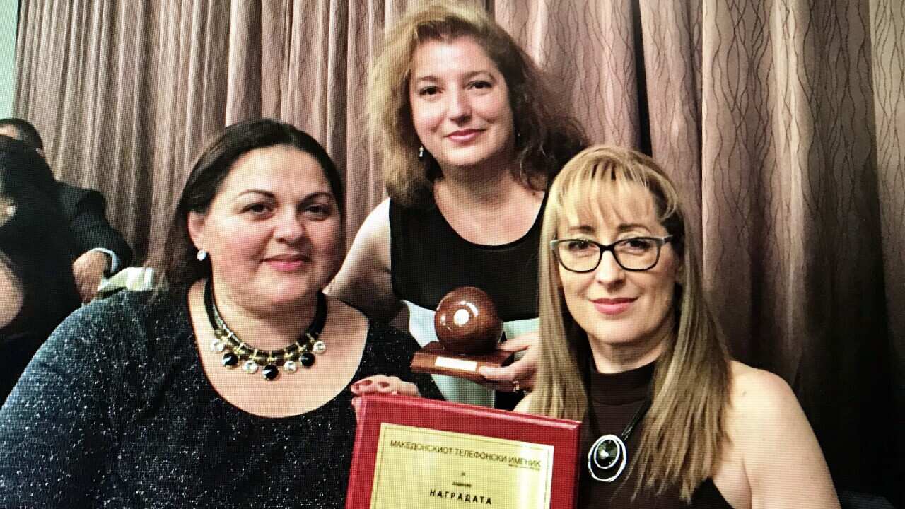 Meri Angelkovska, Verica Sajdovska (middle) and Meri Dimitrijev after receiving the Macedonian Sun Award in 2017 for community service