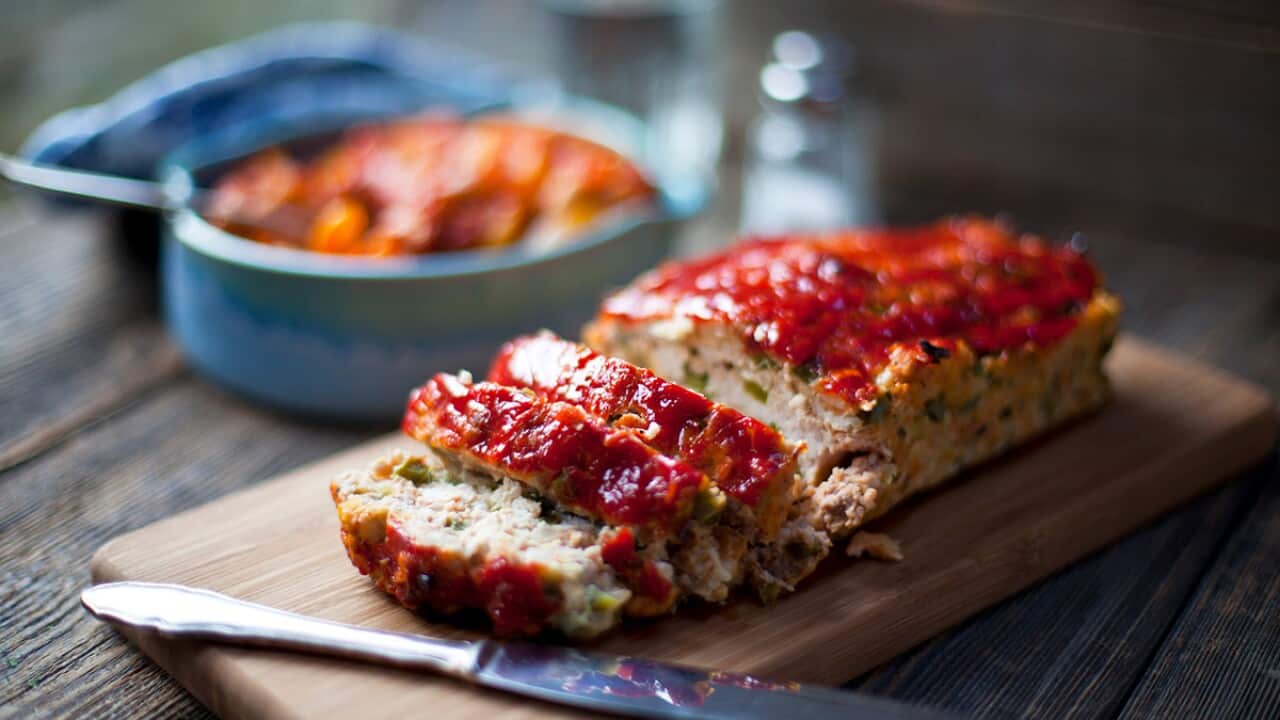 Turkey meatloaf with a spicy bean stew