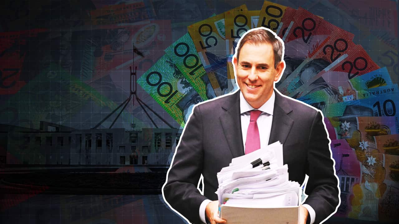 Jim Chalmers smiling while holding a stack of files. In the background is parliament house in Canberra with an overlay of Australian money.