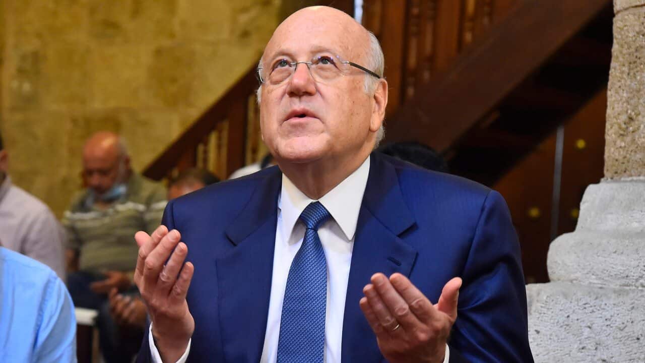 Lebanese Prime Minister Najib Mikati prays at a mosque in Beirut, Lebanon, Friday, Sept 10, 2021.