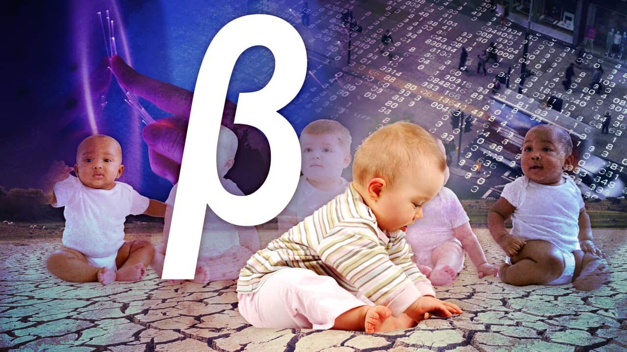 Collage shows babies sitting on a cracked earth with screens and technological hardware in the background and the Greek letter'beta' in the foreground