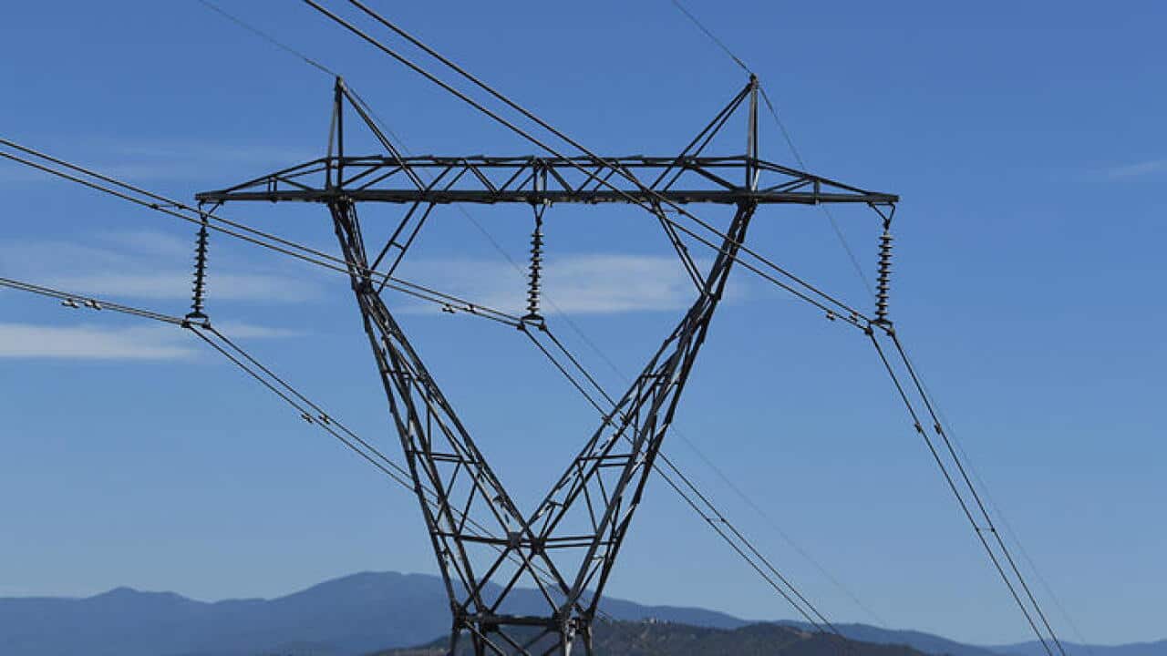 An electricity tower is seen outside Canberra, Friday, Feb. 10, 2017. (AAP Image/Lukas Coch) NO ARCHIVING