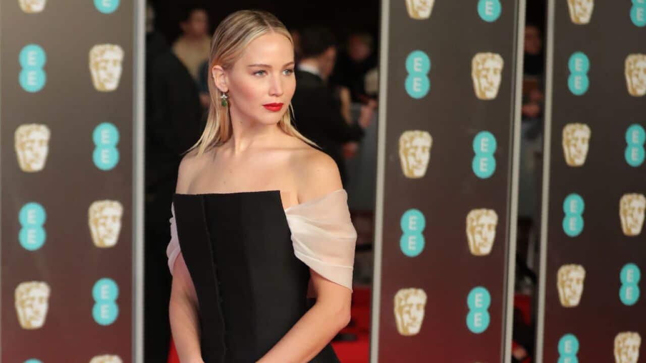 US actress Jennifer Lawrence poses on the red carpet upon arrival at the BAFTA British Academy Film Awards at the Royal Albert Hall in London.