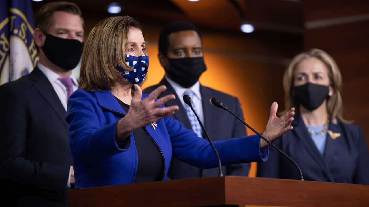 House Speaker Nancy Pelosi alongside House impeachment managers, speaks to the media at the US Capitol in Washington on 13 February 2021.