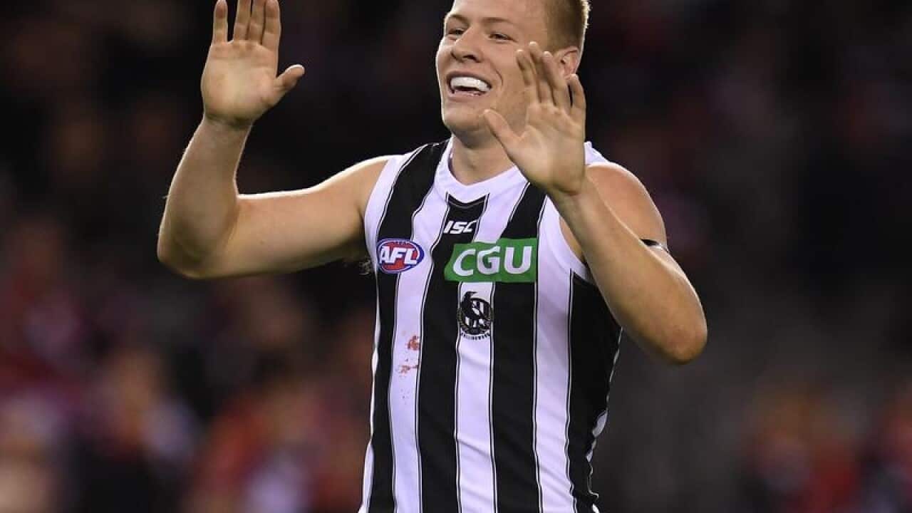 Magpies player Jordan de Goey celebrates