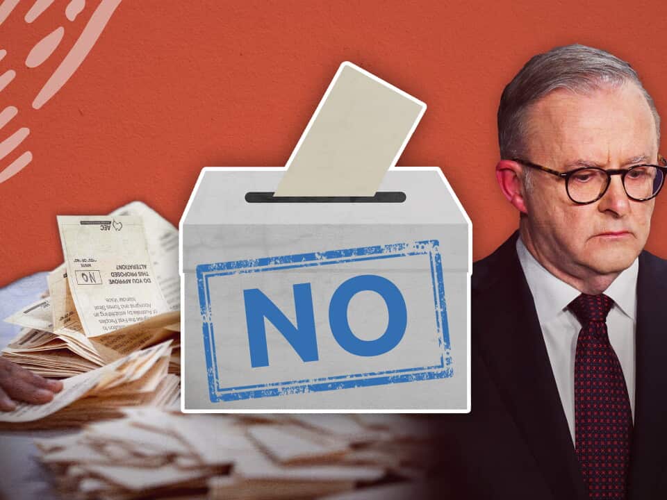 Graphic of referendums votes, No written on a ballot box, and a crestfallen Anthony Albanese.