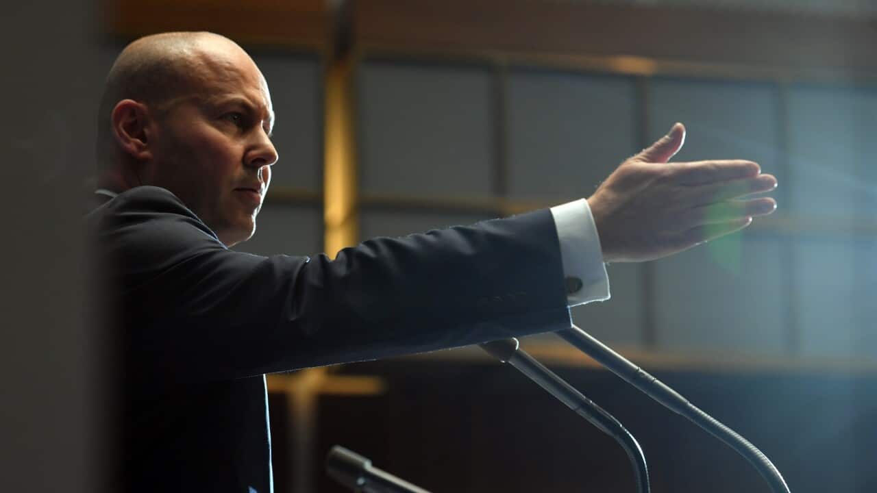Treasurer Josh Frydenberg speaks to journalists at a press conference