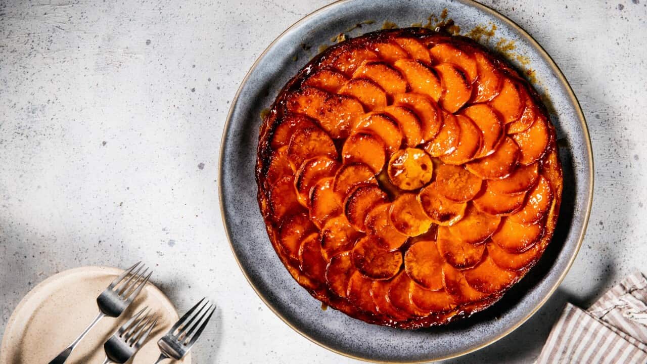 Sweet potato tarte tatin with macadamia caramel