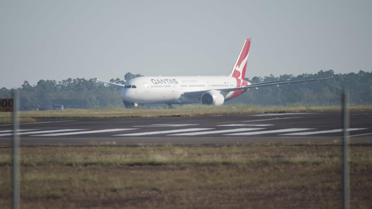 Qantas' first repatriation flight from India taxiing at RAAF Darwin on May 15