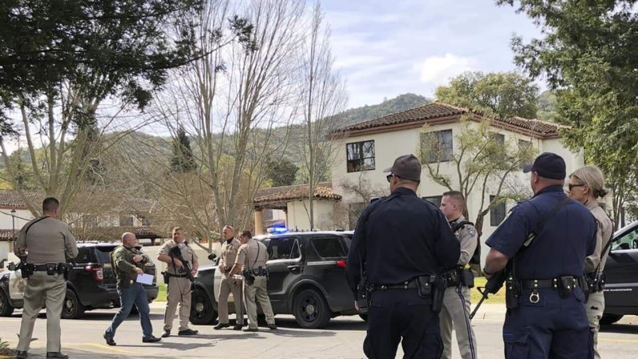 Law enforcement members stage at the Veterans Home of California.