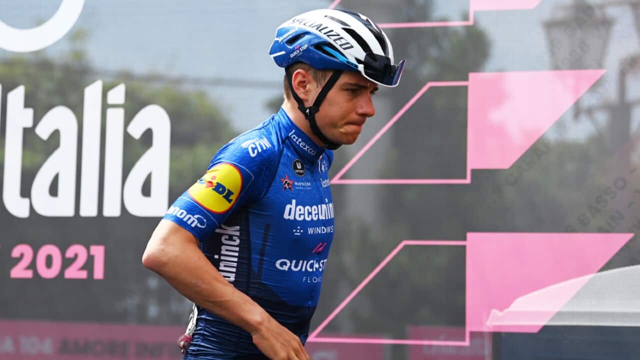 Remco Evenepoel reacts after a stage at the Giro d'Italia