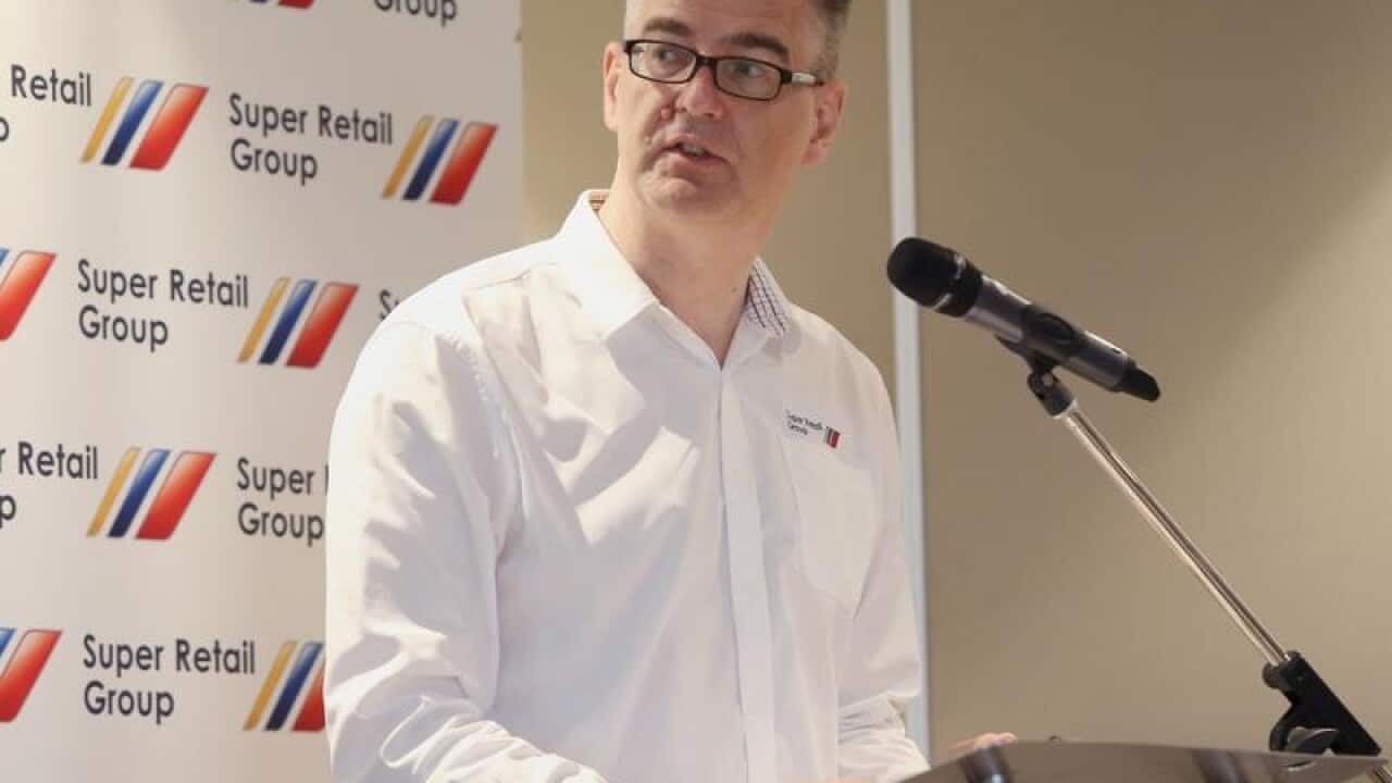 Peter Birtles speaks at the Super Retail group AGM in Brisbane.