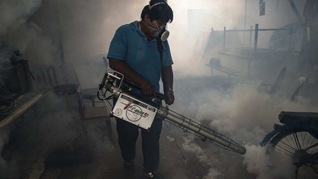 A city worker sprays chemicals to kill mosquitoes in an effort to control the spread of the Zika virus at a school in Bangkok