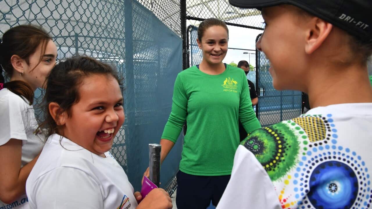 Ash Barty with First Nations youngsters