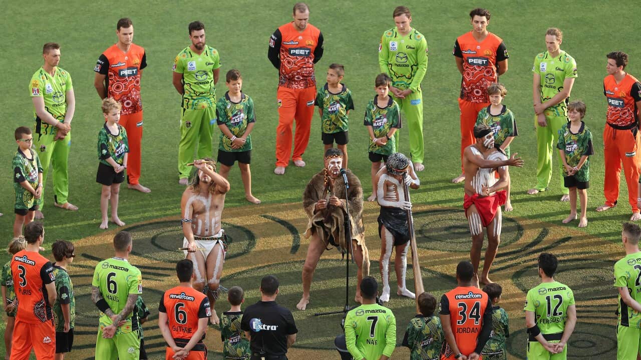 Dr Richard Walley performs a Welcome to Country ahead of a Big Bash League game in Perth in January.