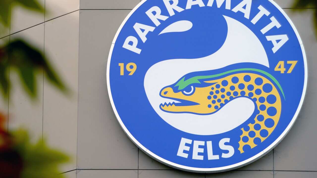 Parramatta Eels Rugby club signage is seen in Sydney