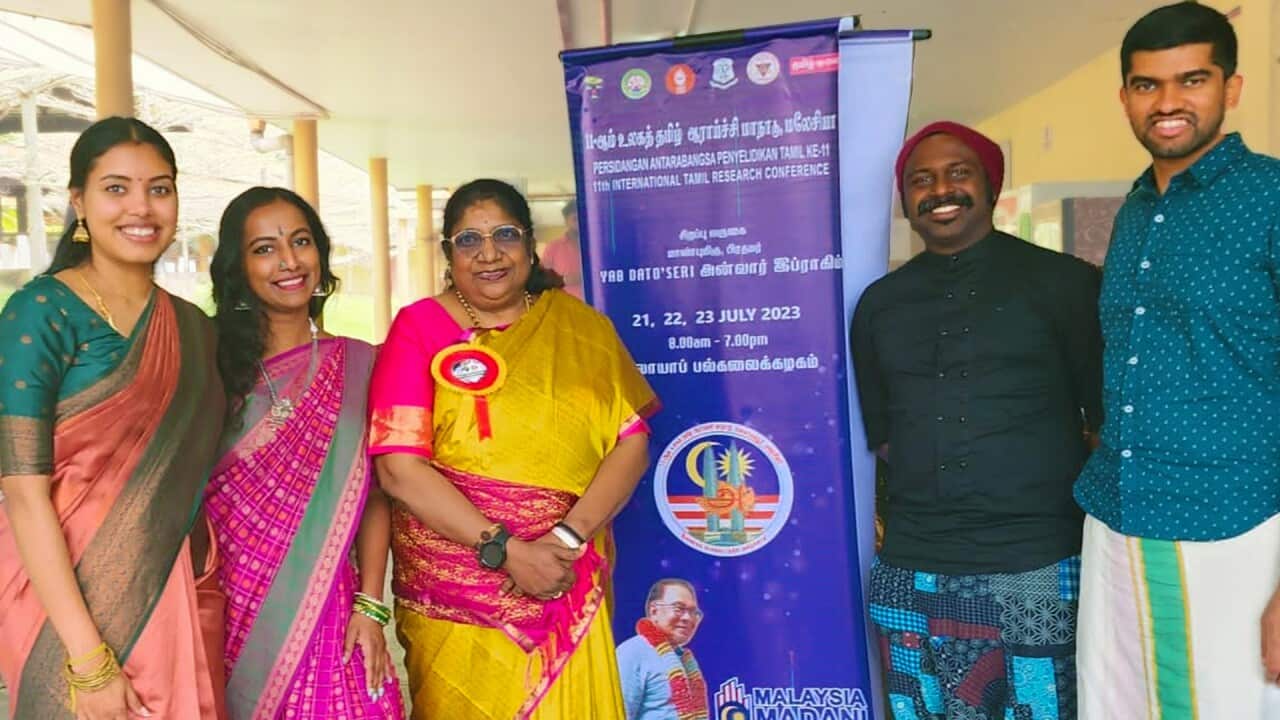 Mathumai Sarangan (left), and other participants at the 11th World Tamil Research Conference in Kuala Lumpur, Malaysia - Karthiga Manoharan, Dr Chandrika Subramaniyan, and their supporters from Sydney.