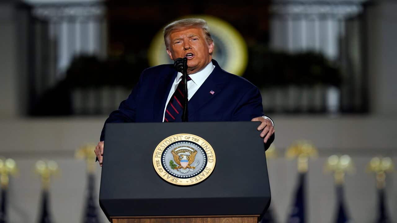 President Donald Trump speaks from the South Lawn of the White House on the fourth day of the Republican National Convention, Thursday, Aug. 27, 2020, in Washington. (AP Photo/Evan Vucci)