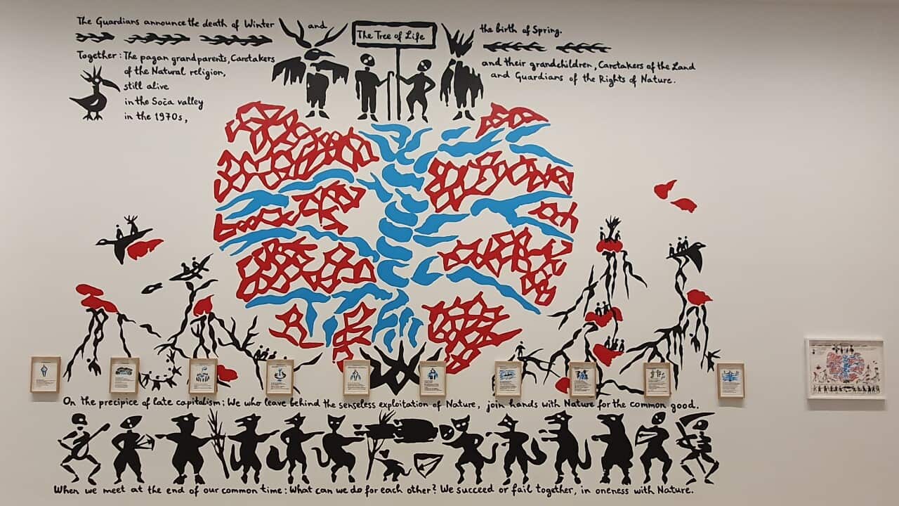 Marjetica Potrč, The Time of Humans on the Soča River, 2022, walldrawing from original drawing The Time of Humans on the Soča River, and The Rights of a River