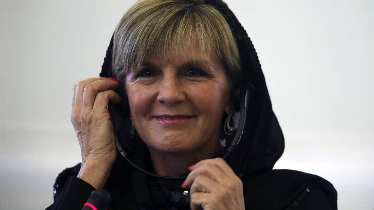 Former Australian Foreign Minister Julie Bishop at a joint press conference with her Iranian counterpart Mohammad Javad Zarif, in Tehran, Iran, 2015