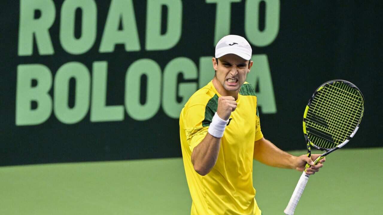 Australia's Aleksandar Vukic reacts as he plays Sweden's Leo Borg during the Davis Cup tennis match between Sweden and Australia at the Royal Tennis Hall in Stockholm