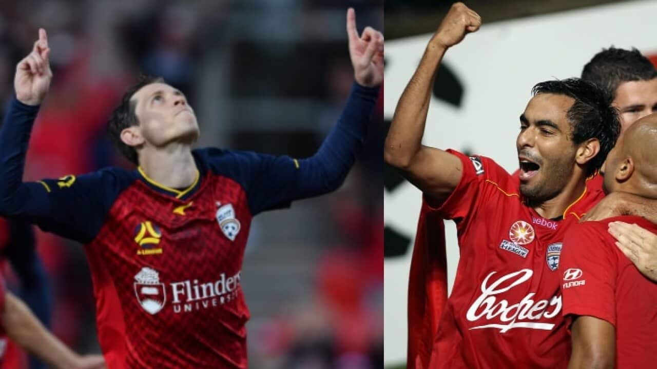 Craig Goodwin (L) and Marcos Flores during their respective stints at Adelaide United