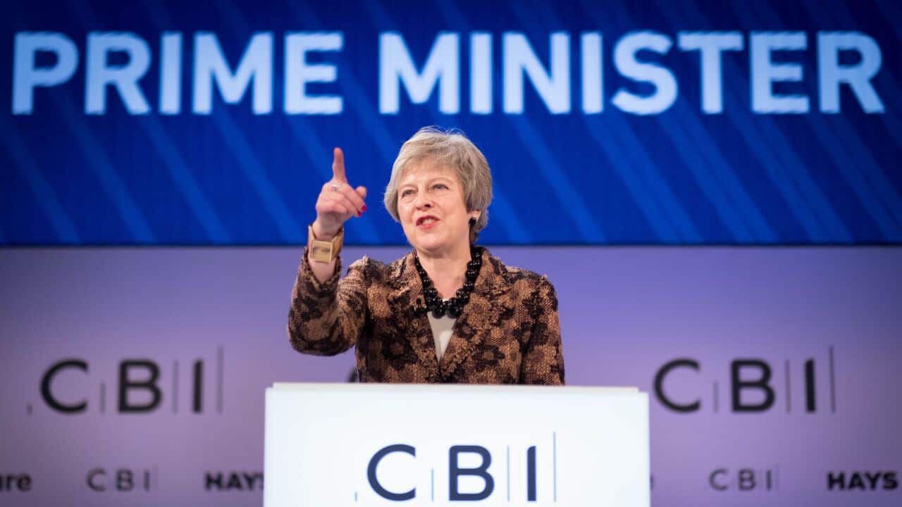 Prime Minister Theresa May speaking at the CBI annual conference
