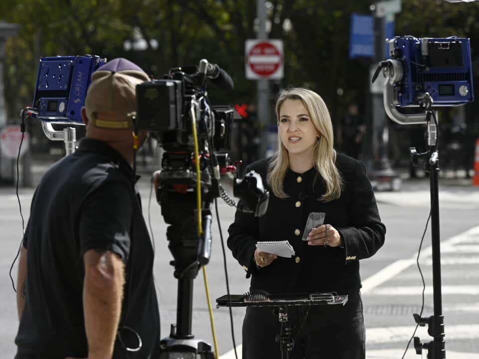 CNN reporter Betsy Klein reports from outside the White House after her press pass was seized on September 19, 2026 in Washington, DC.