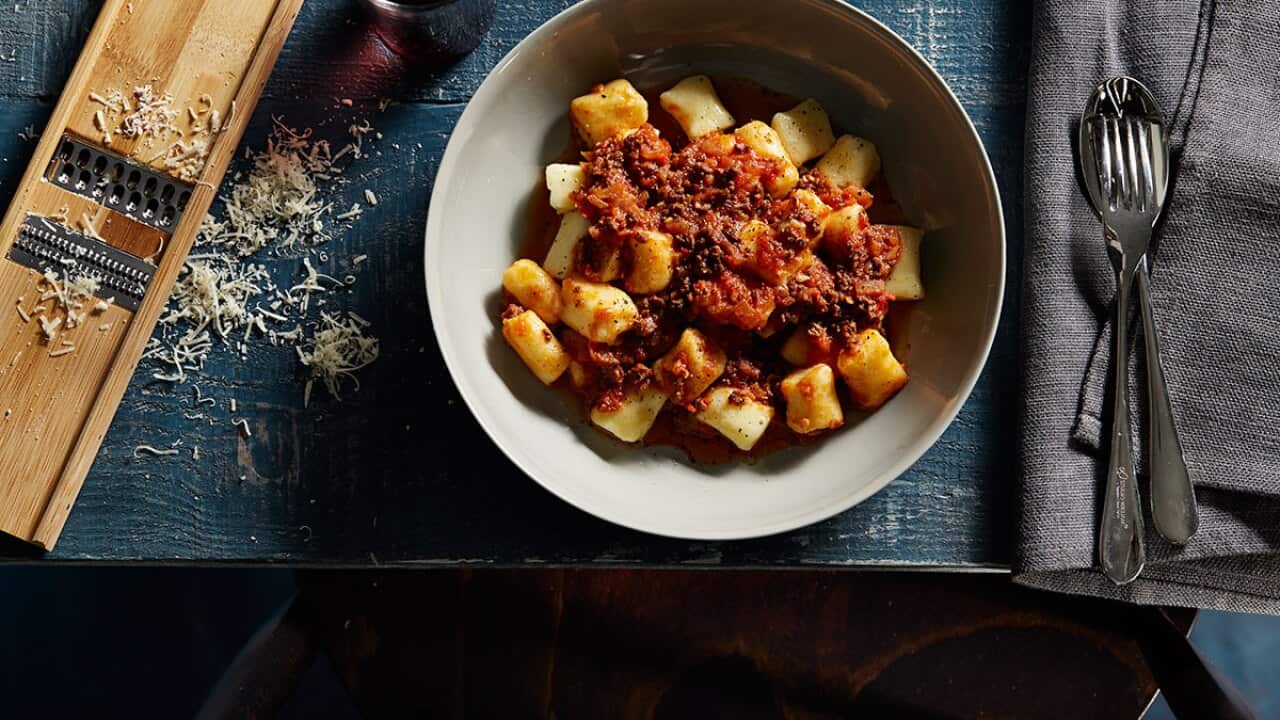 Red Desiree gnocchi with spicy chicken heart and tomato ragù