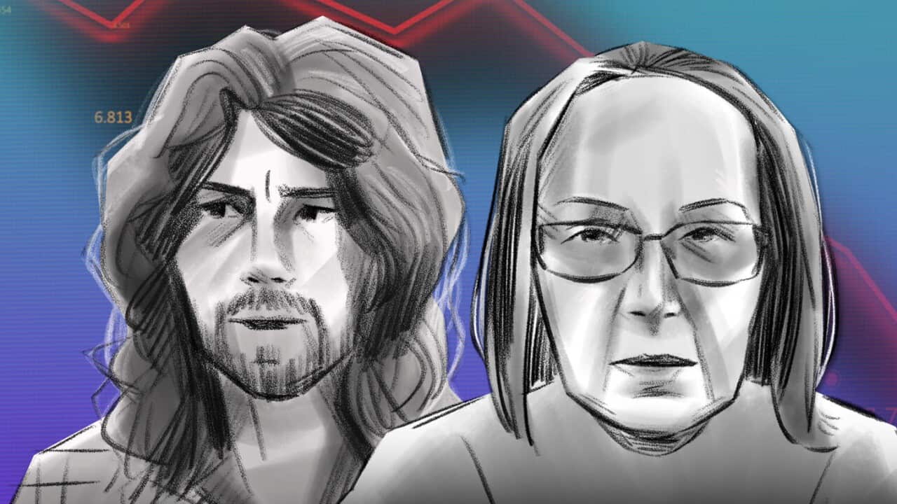 A graphic image of two illustrated faces in front of a red arrow trending downwards