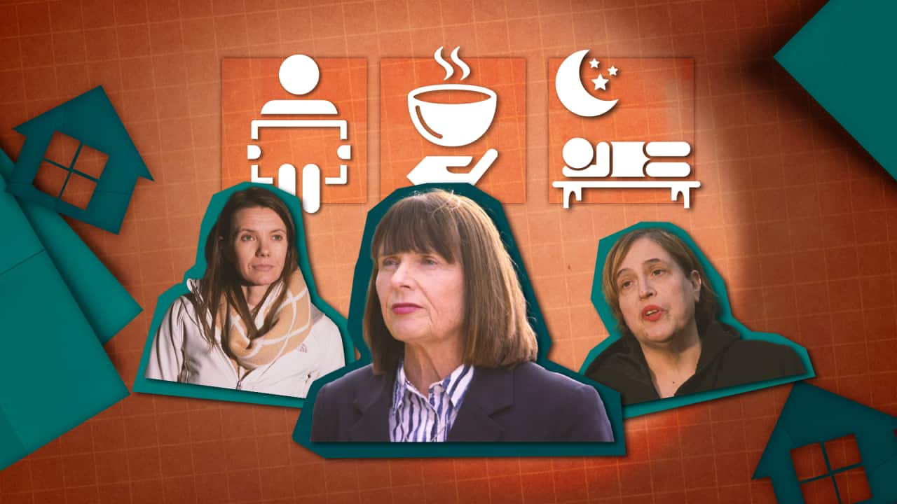 Three women with brunette hair look into the distance. In the background, there are icons of houses, people reading, drinking a cup of tea and sleeping.