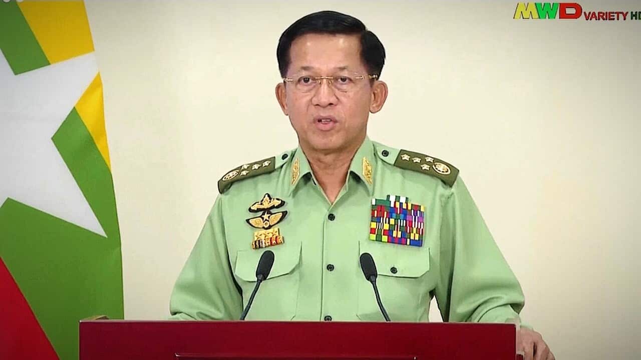 Senior General Min Aung Laing speaks on TV