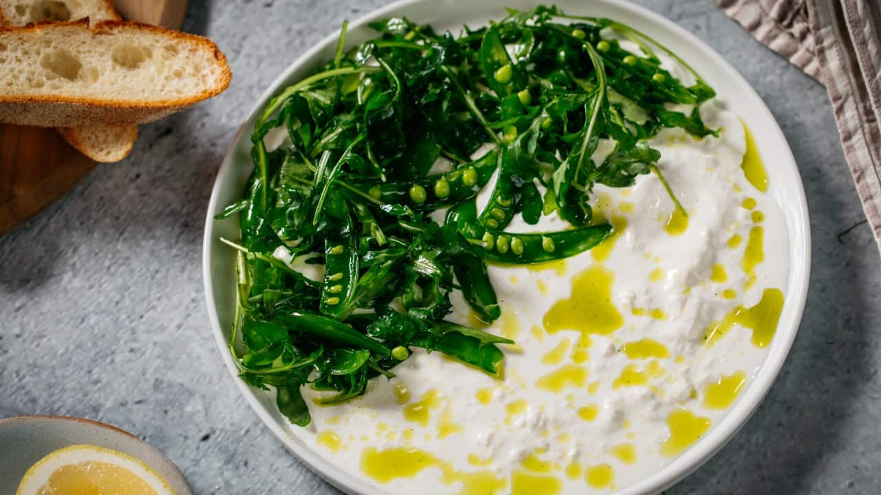 Stracciatella with sugar snap peas and herb oil