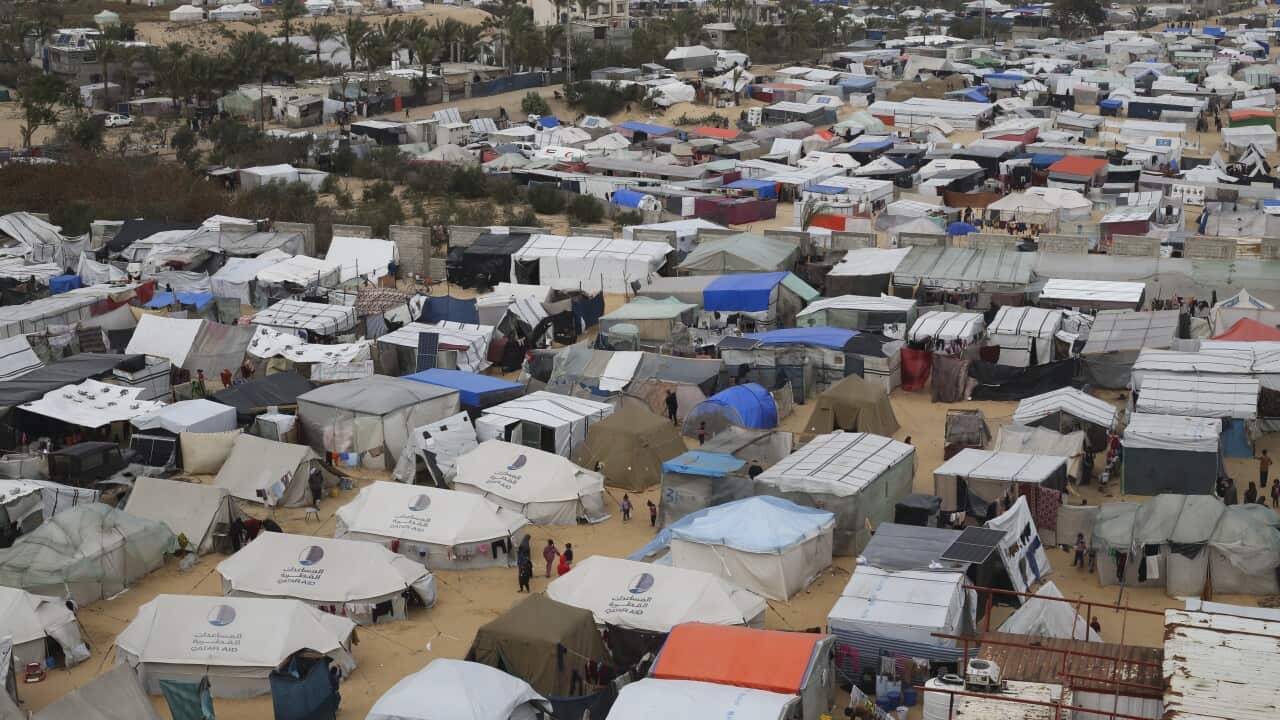 An aerial view of a tent city in Rafah, Gaza