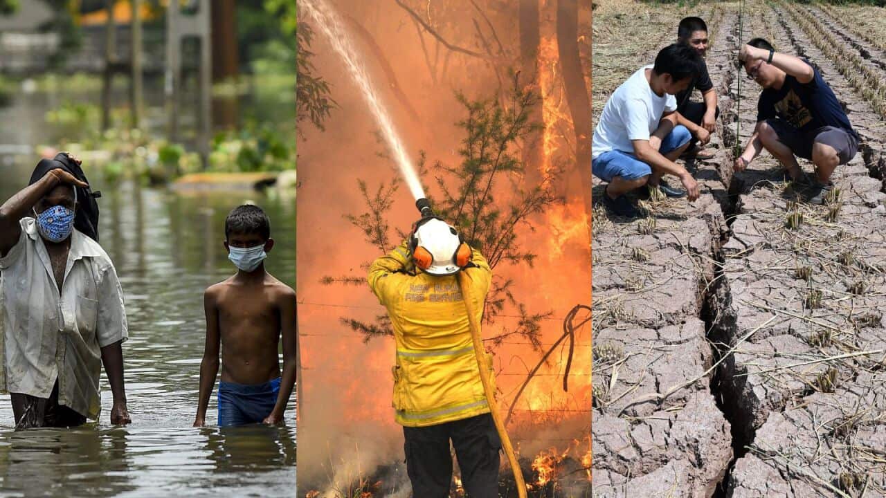 A composite image showing a flood in Pakistan, a bushfire in Australia, and a drought in China.