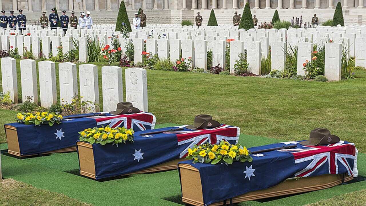 Coffins containing the remains of an unknown World War I digger