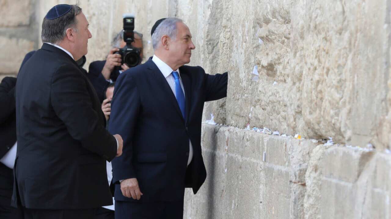 U.S. Secretary of State Mike Pompeo, left, and Israeli Prime Minister Benjamin Netanyahu visit the Western Wall in Jerusalem's Old City, Thursday, March 21, 2019. (Abir Sultan/Pool Image via AP)