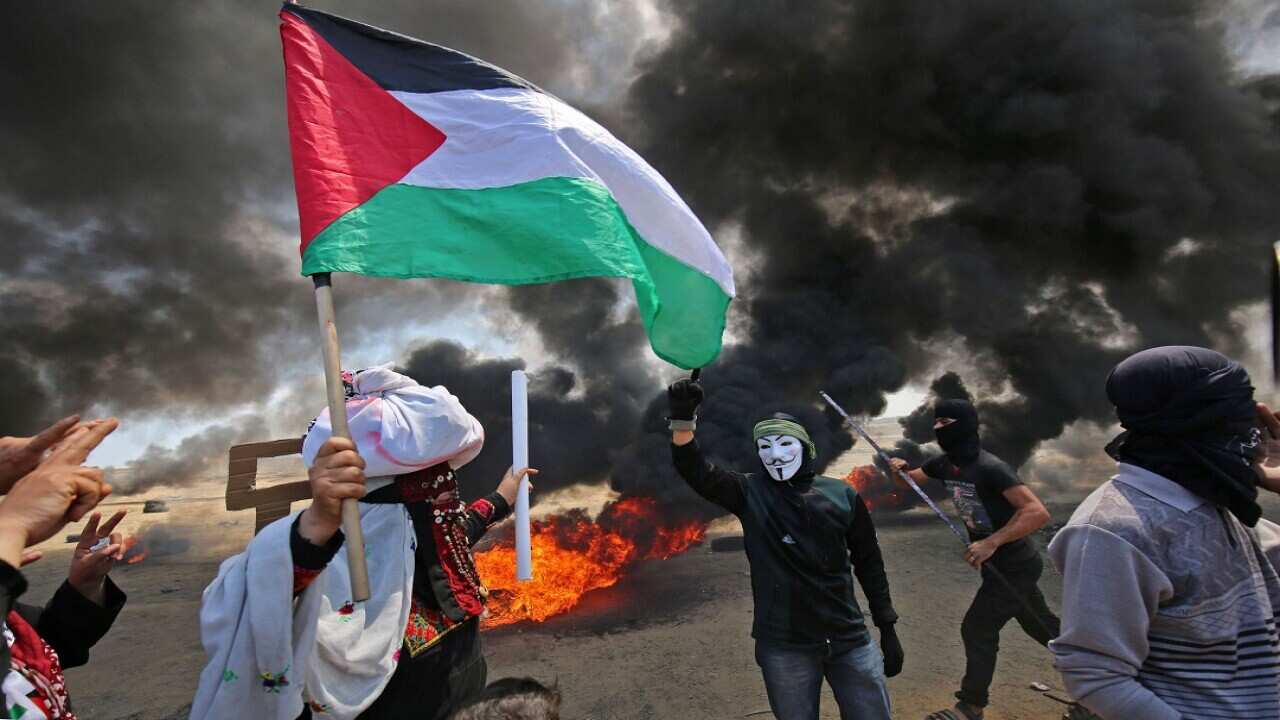 Palestinians protest over the inauguration of the US embassy.