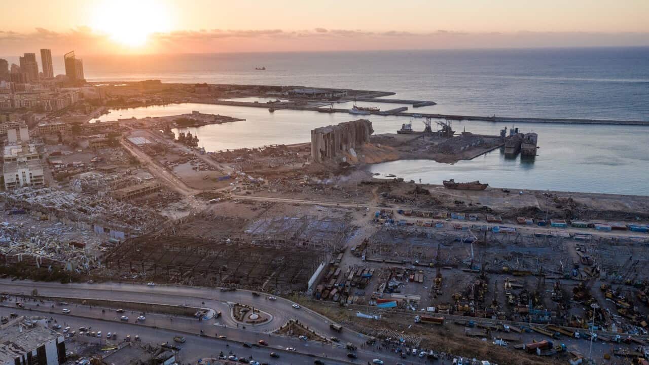 An aerial view of ruined structures at Beirut port