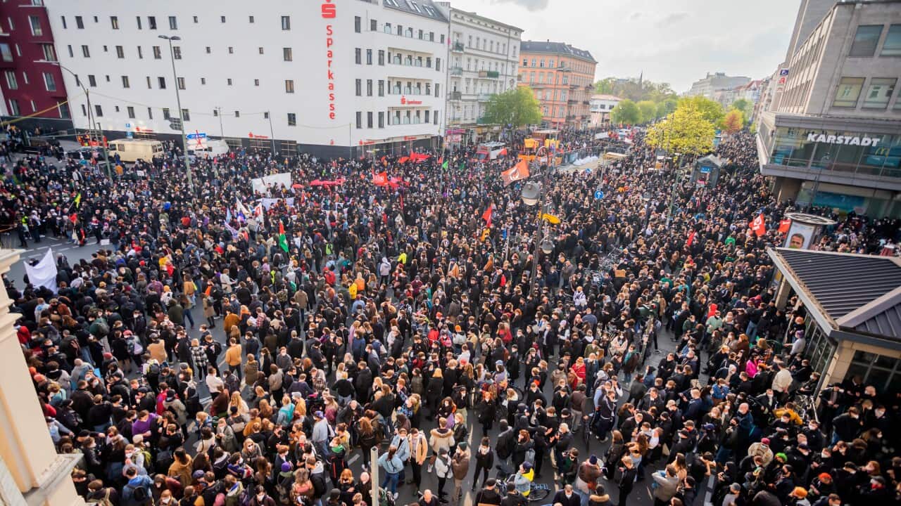 May Day demonstrators in Berlin, Germany.
