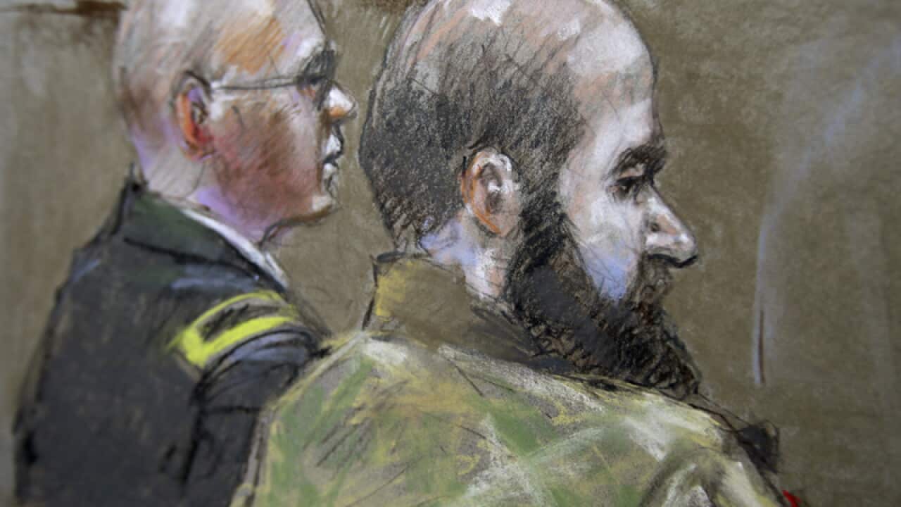 A courtroom sketch of US Army Major Nidal Hasan