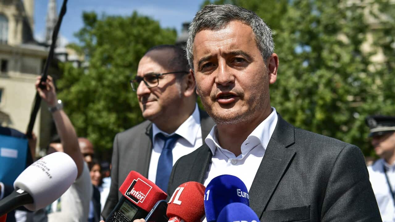 French Interior Minister Gerald Darmanin addressing the press.