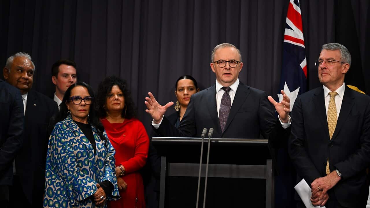 Prime Minister Anthony Albanese speaking after the passing of Voice to Parliament legislation (AAP).