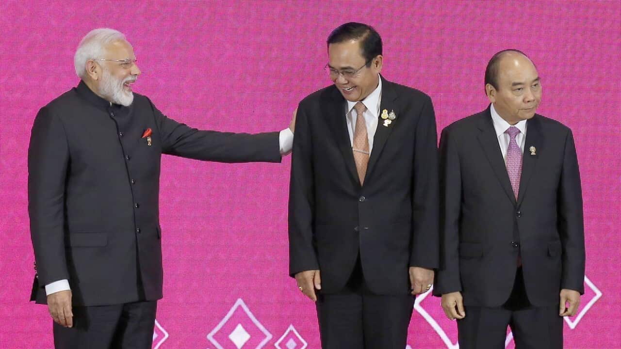 (L-R) India Prime Minister Narendra Modi, Thailand Prime Minister Prayut Chan-o-cha and Vietnam Prime Minister Nguyen Xuan Phuc
