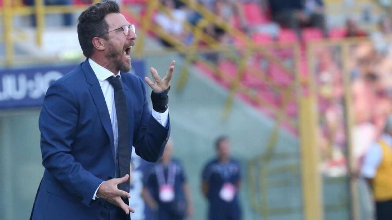 Roma coach Eusebio Di Francesco shouts during the Serie A soccer match between Bologna and Roma at the Renato Dall'Ara stadium in Bologna, Italy, Sunday, Sept. 23, 2018.