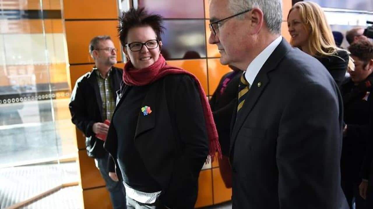 Felicity Marlowe and independent MP Andrew Wilkie arrive for Friday's High Court injunction hearing.