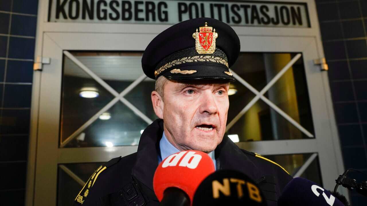 Oyvind Aasead of the operations unit in the Buskerud police holds a press conference after a serious incident in Kongsberg, Norway.