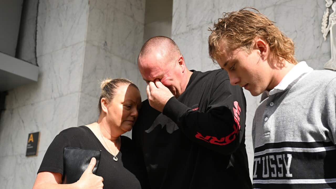 Family members of victim Hannah McGuire are seen outside of the Ballarat Magistrates Court in Ballarat, Victoria on Tuesday, 9 April 2024.