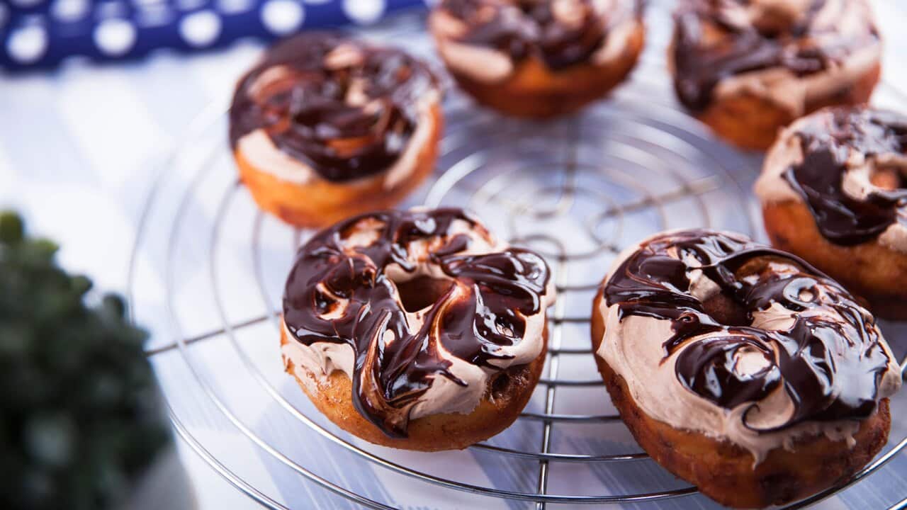 Choc-chip donuts with Swiss meringue and chocolate ganache
